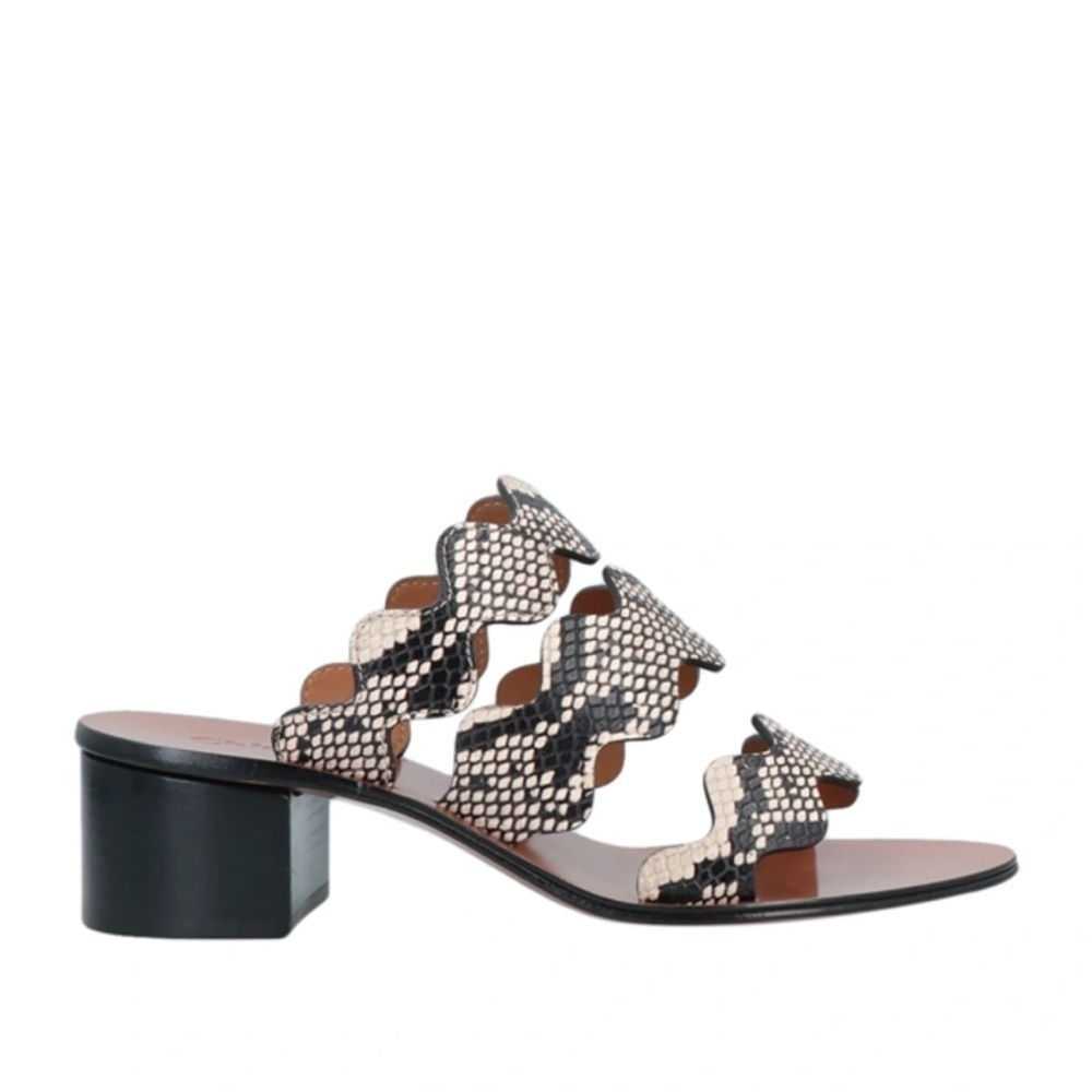 Chloe Eternal Grey Leather Scalloped Tripstraps Chunky Heels Sandals Size 36 US6